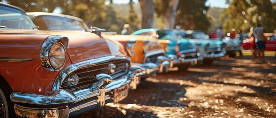 A row of vintage cars are parked in a lot