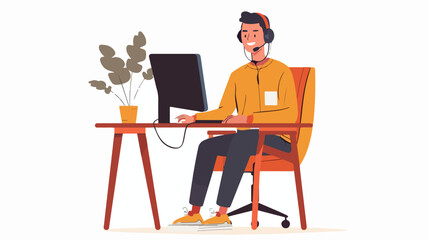 Male character in headset sitting at table with compu