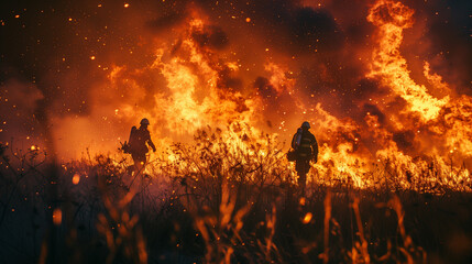 Fototapeta na wymiar Firefighters battle a wildfire, Climate change and global warming affect to global up wildfire trends.