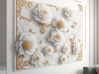 3D panel wall art, wall décor, floral motifs on a marble backdrop.
