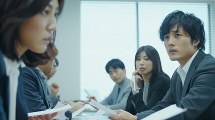 Japanese business people sitting at a table, side view, with one person holding documents and others listening attentively during an interview from the front view. The background is a white office spa