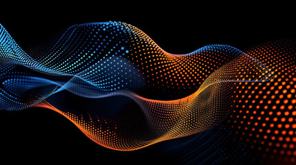 Harmonic Dot Flow: 3D Curves in Blue & Orange Gradient Light. Generative AI