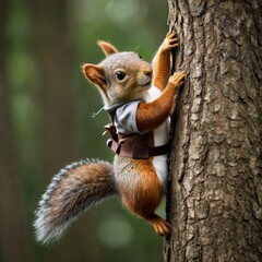 Naklejka na ściany i meble Squirrel in a tiny archer costume, climbing a tree for a better shot, acorn-themed arrows