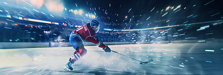 Ice Hockey Player Passing the Puck on the ice land in night background
