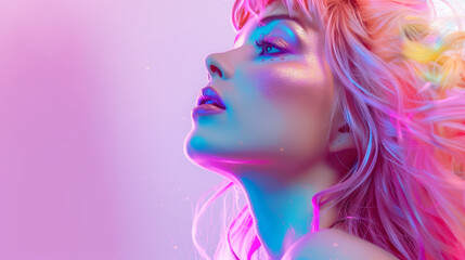 Pink Haze: Contemplative Woman with Vibrant Hair in Neon Glow
