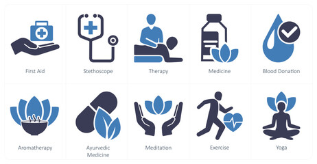 A set of 10 mix icons as first aid, stethoscope, therapy
