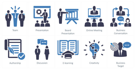 A set of 10 mix icons as team, presentation, board presentation, online meeting