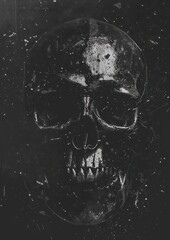 skull in bold red against a black background, with a grunge and splatter art style that gives it a dark, edgy feel