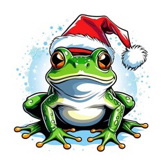Frog wearing a Santa's red cap. Christmas poster, t-shirt composition, isolated illustration on white background.