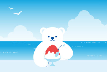 vector background with polar bear eating Japanese shaved ice dessert on the beach for banners, cards, flyers, social media wallpapers, etc.