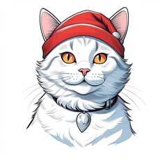 Fototapeta premium White cat wearing a Santa's red cap. Christmas poster, t-shirt composition, isolated illustration on white background.