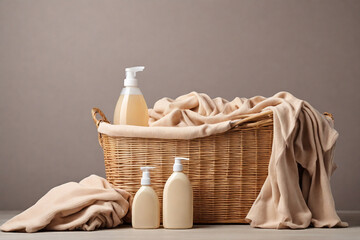 Fototapeta na wymiar Basket with liquid soap and towel on table against grey background, closeup