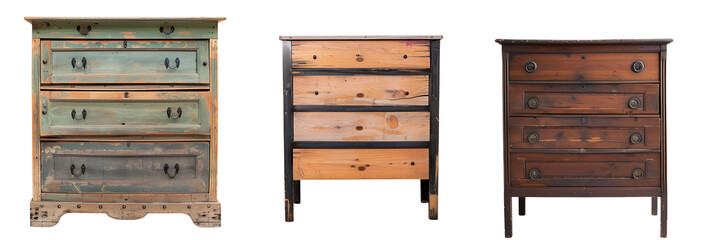 set of different wooden dressers, each showcasing a different style era, isolated on transparent background