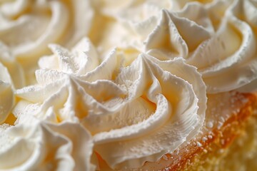 A close-up of whipped cream swirls on a slice of cake - obrazy, fototapety, plakaty
