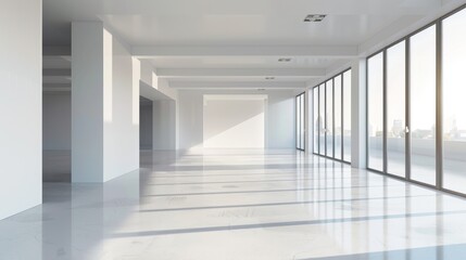 A large, empty room with white walls and a white floor. The room is large and open, with a lot of natural light coming in through the windows. The space is clean and uncluttered, giving it a modern