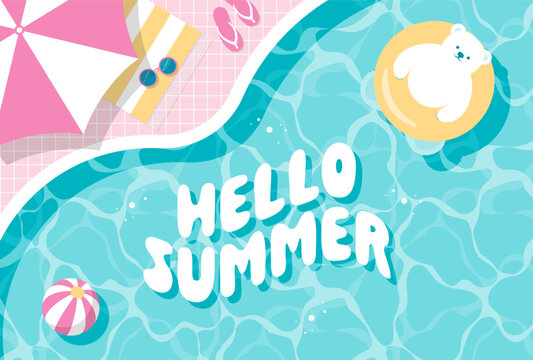 summer vector background with a polar bear floating in the swimming pool for banners, cards, flyers, social media wallpapers, etc.