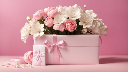 A bouquet of pink roses in a wooden box.

