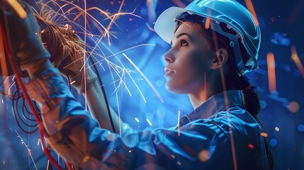 Female electrician working on a bustling construction site. Dynamic scene with sparks. Professional in action, safety at work. AI