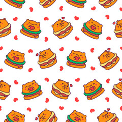 Cute kawaii animal burger. Seamless pattern. Funny food. Cartoon cheeseburger. Hand drawn style. Vector drawing. Design ornaments.
