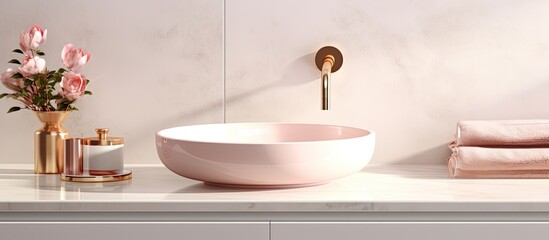 Fototapeta na wymiar A pink bowl on a white sink