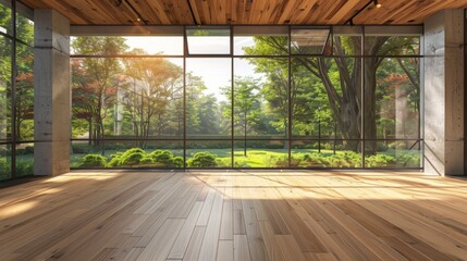 A large open room with a view of a forest. The room is empty and has a lot of natural light coming in through the windows. Scene is peaceful and serene, as if the room is a sanctuary for relaxation