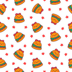 Fototapeta premium Cute kawaii animal burger. Seamless pattern. Funny food. Cartoon cheeseburger. Hand drawn style. Vector drawing. Design ornaments.