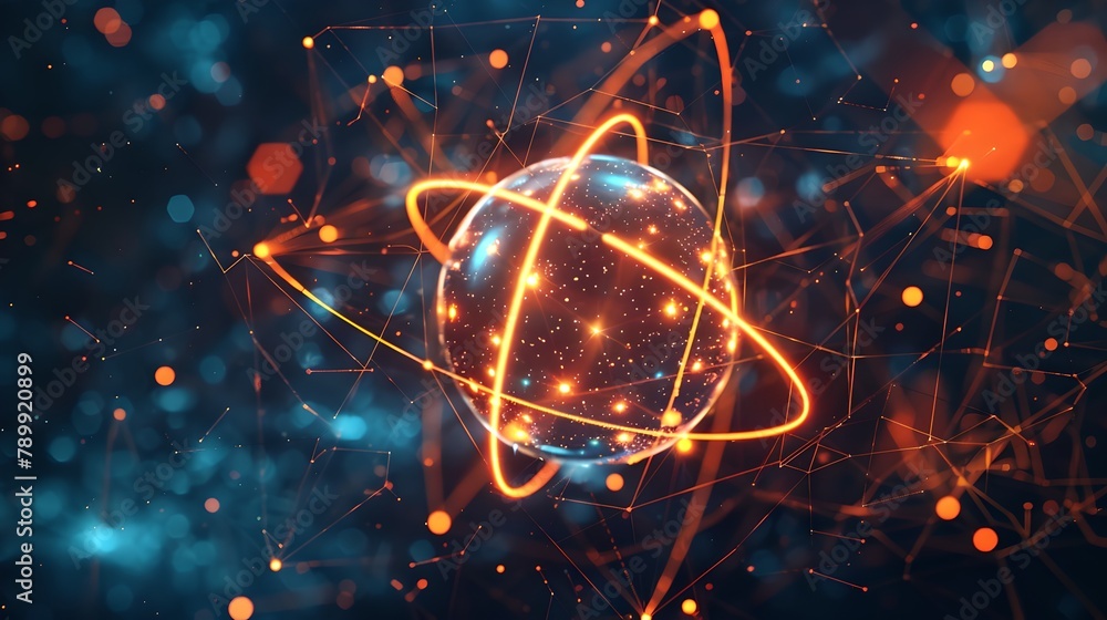 Poster glowing atom model in digital space. dynamic science concept. illustration for futuristic design. qu