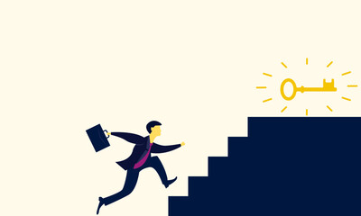 Businessman climbing stairs to reach keys. Symbolizes achievement, goals, struggle, effort and hard work.
