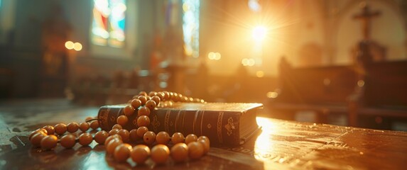 A wooden rosary and bible on the table against a church background in a close up shot with a bokeh effect, in the style of cinematic photography. 