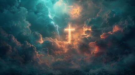 A cross is shining in the sky surrounded by dark clouds, with light piercing through them. The scene includes a beam of sunlight and lightning striking the ground below. A cinematic feel to it