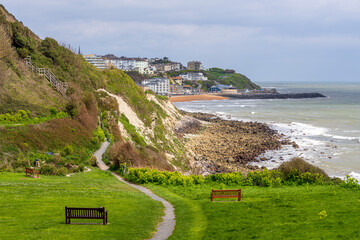 Benches near Castle Cove overlooking Ventnor Bay, Isle of Wight, UK