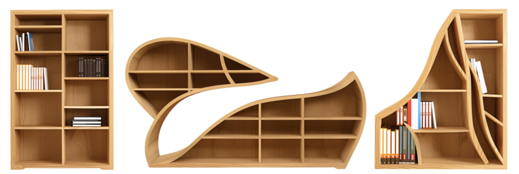 set of different wooden bookshelves, each an example of modern art and design, isolated on transparent background - Powered by Adobe
