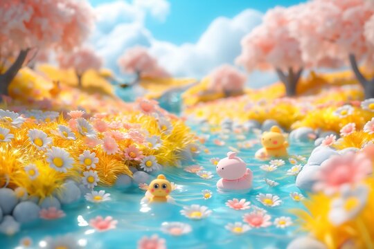 Whimsical River of Flowers with Rubber Ducks