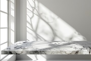 Marble table with window shadow on white wall for product mockup display. generative ai