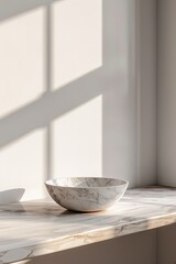Fototapeta na wymiar Marble table with window shadow on white wall for product mockup display. generative ai