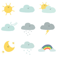 Obraz premium Clouds png weather forecast cute diary stickers set for kids