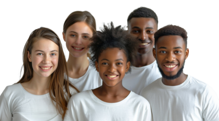 Diverse group of happy people wearing white shirts isolated on transparent background