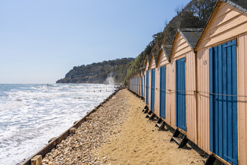 Beach huts on the Channel Coast in Shanklin, Isle of Wight, UK