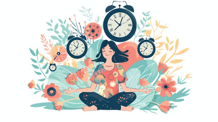 Calm person meditating near clocks and finding balanc