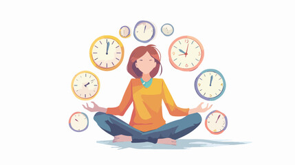 Calm person meditating near clocks and finding balanc
