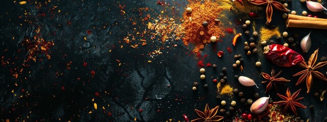 Assortment of spices on black background. Spicy cooking concept. - Powered by Adobe