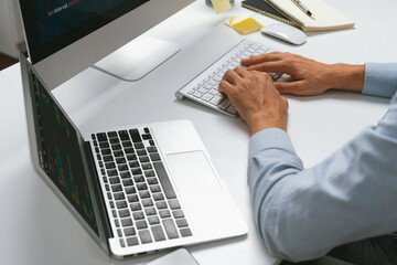 Cropped image of hands IT developer working online software information on pc and laptop with...