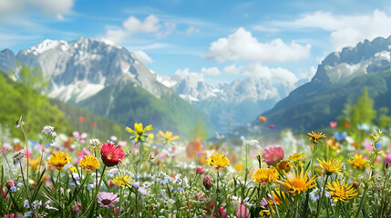 Arnica plant montana field swiss flowers wallpaper Wide shot of yellow Arrowroot Balsam flowers waving in the wind on lush green prairie with mountains in the background and a beautiful, Generative Ai - obrazy, fototapety, plakaty