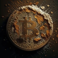 Bitcoin token concept with splashing liquid, dynamic cryptocurrency coin, financial technology, 3D rendering