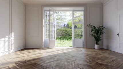 A large open room with a white door and a window. The room is empty and has a lot of natural light coming in