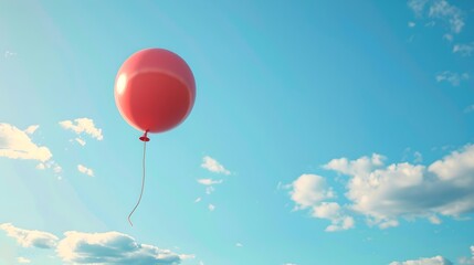 Single Red Balloon Soaring in Blue Sky with Fluffy Clouds. Symbol of Freedom and Joy. Ideal for Festive Concepts. Simple, Clean Imaging. AI - obrazy, fototapety, plakaty