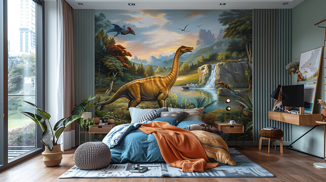 dinosaur theme print for girls room with girl colors. Generative Ai