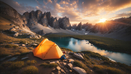 A tent on a mountaintop overlooking a valley at sunrise.

 - obrazy, fototapety, plakaty