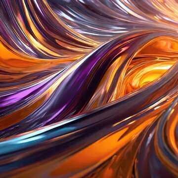 abstract background.abstract iridescent wavy orange and purple metallic liquid background, reminiscent of a vibrant sunset reflected on molten metal. The fluid waves intertwine and swirl, casting pris