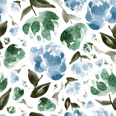 Watercolor floral in blue, emerald and brown. Seamless pattern.  - 789925035
